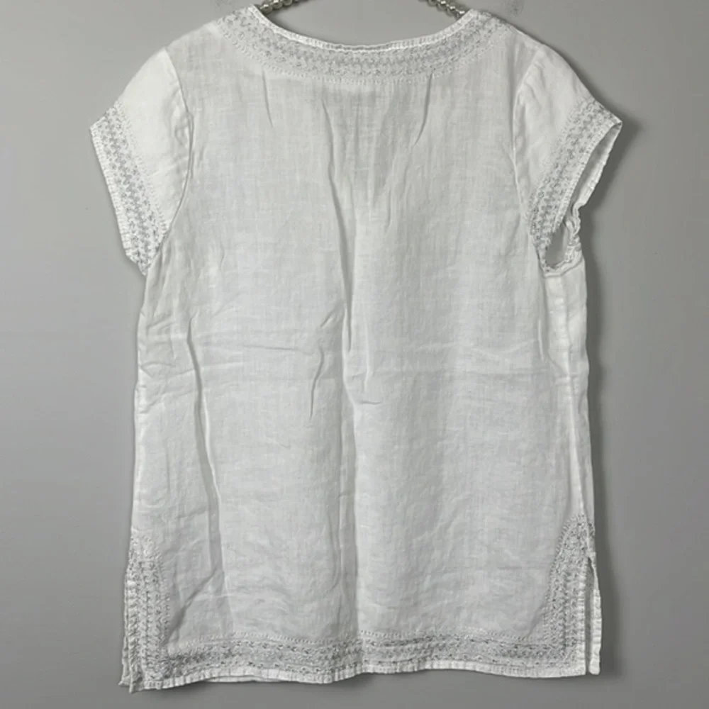 Saint Tropez West White Linen Crochet-Trim Cap Sleeve Top - Picture 7 of 7